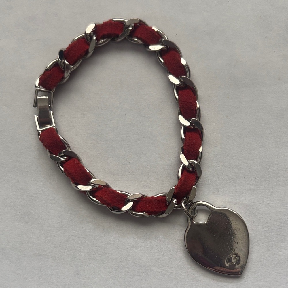 Silver and Red Heart Charm Bracelet 6.5”